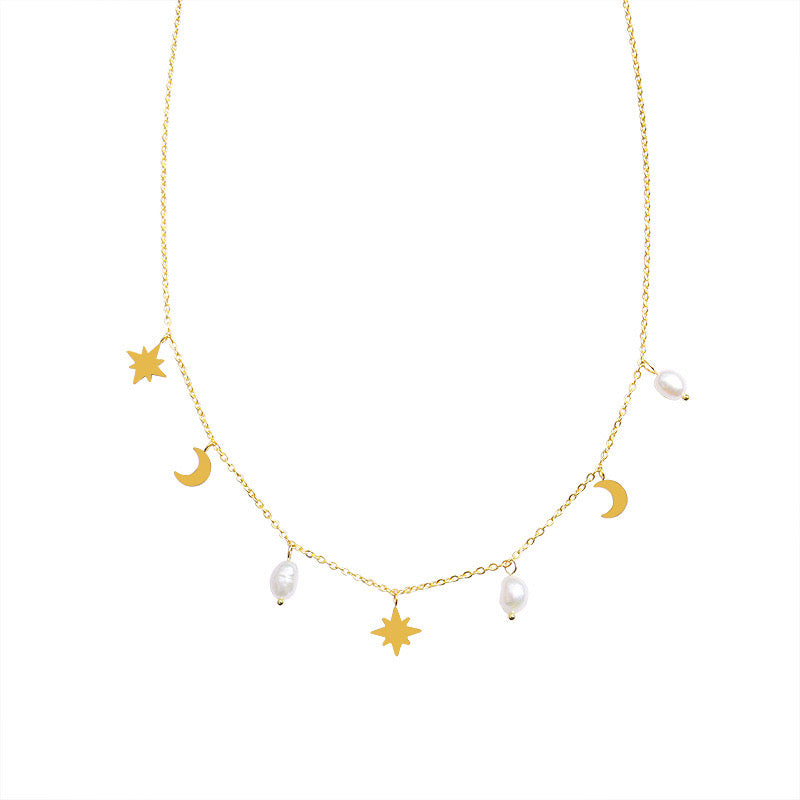 Celestial Pearl Charm Necklace – Edelstahlkette mit Mond-, Stern- & Perlenanhängern