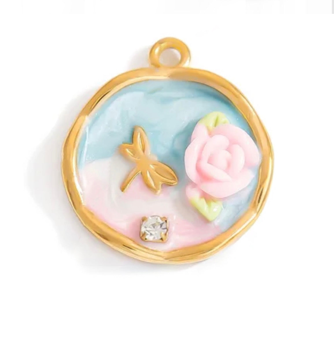 Spring Harmony – Rund Anhänger mit Libelle & Rose | Bunter Schmuck Charm