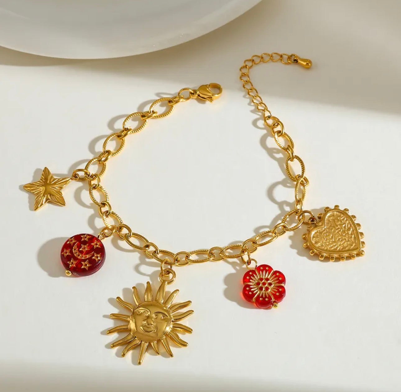 Sunset Charms – Goldene Sonne & Herz Anhänger | Kette & Armband | einzeln oder als Set