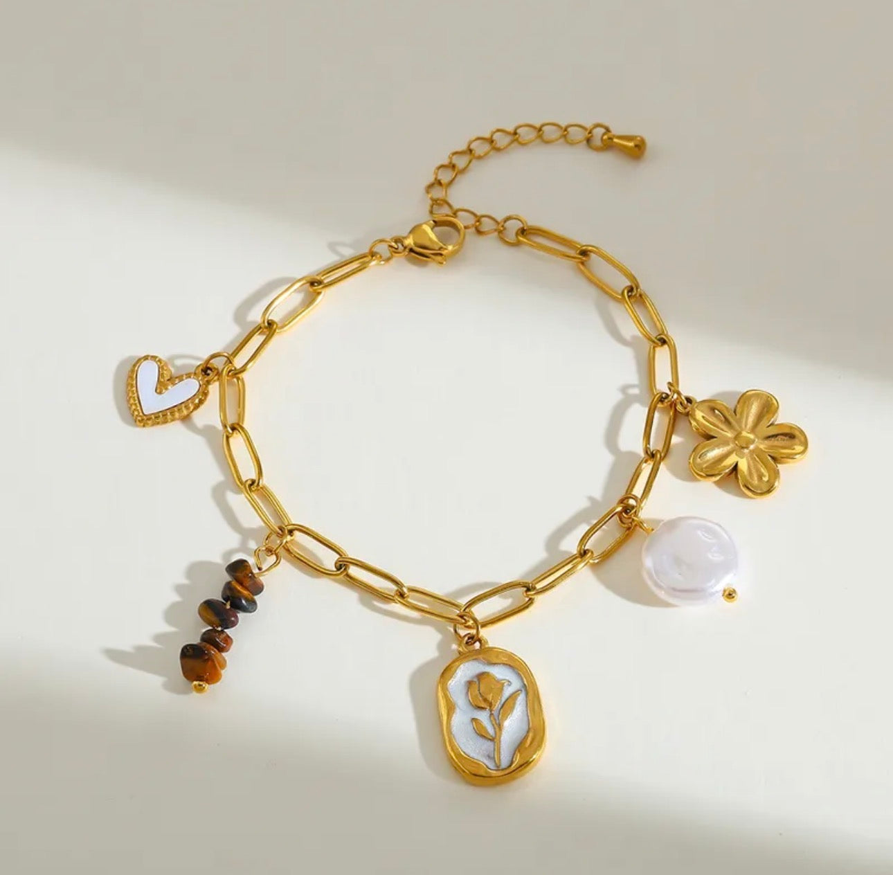 Golden Muse Charm – Edelstahl Kette & Armband mit Perlmutt & Rosen-Medallion | einzeln oder als Set