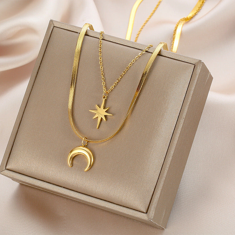 Lunar Starlight Duo – Layered Necklace in Gold