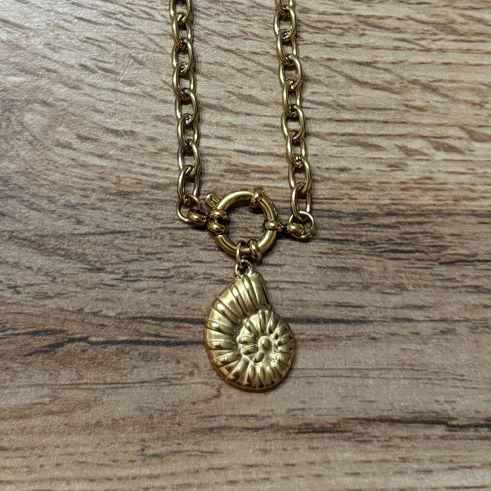 Golden Spiral – Edelstahl Charm-Anhänger in Muschelform