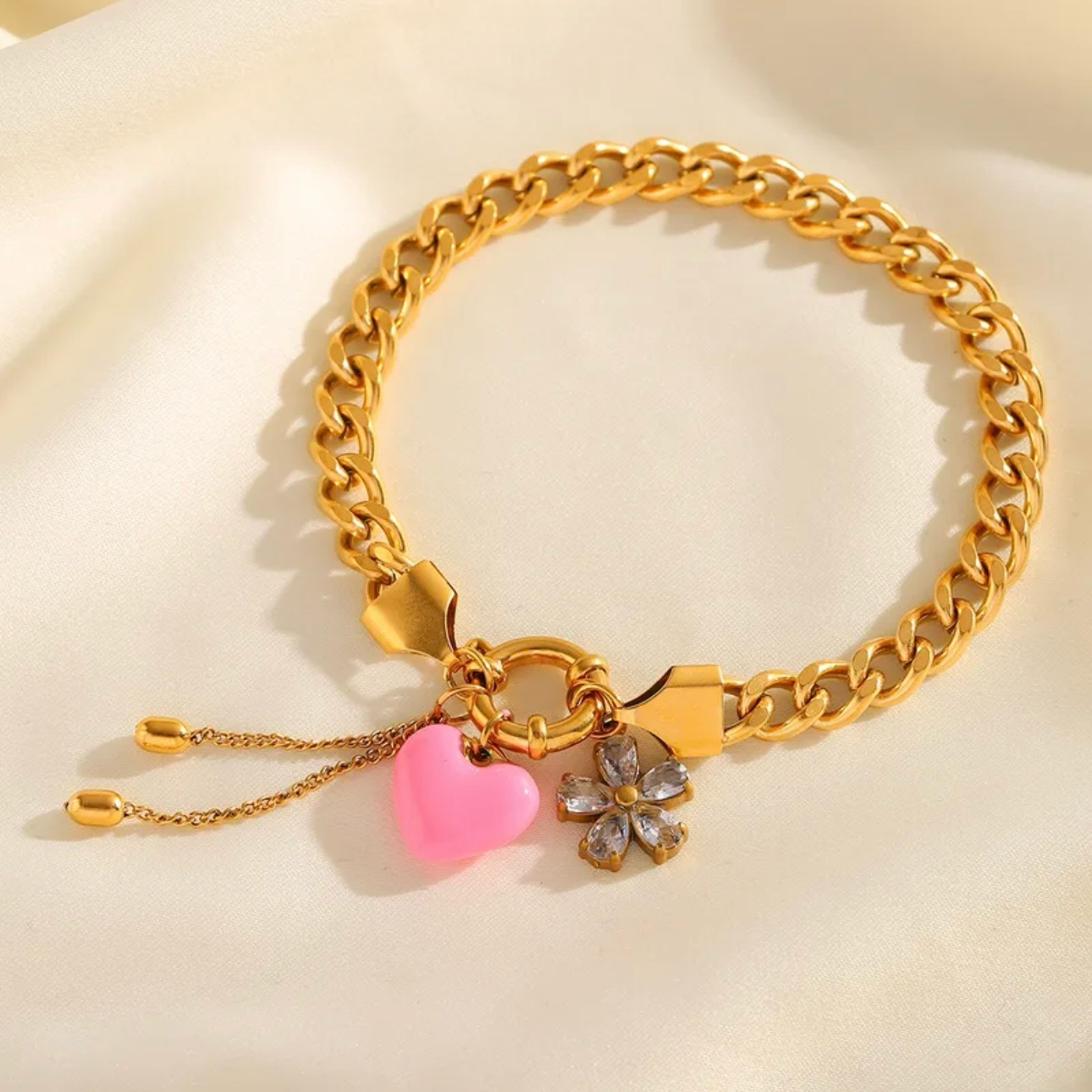 Rosalie – Edelstahl Halskette & Armband mit Herz & Blütenanhänger