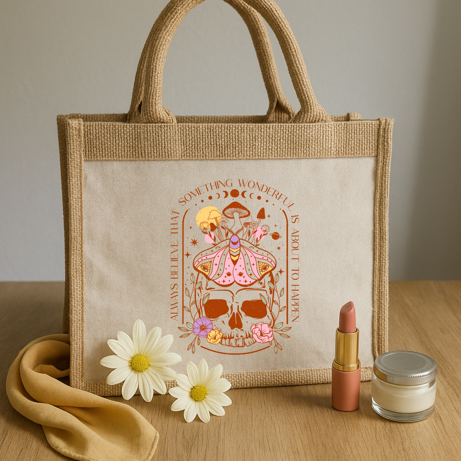 Always Believe – Mystische Jutetasche mit Totenkopf, Motte & Pilzen