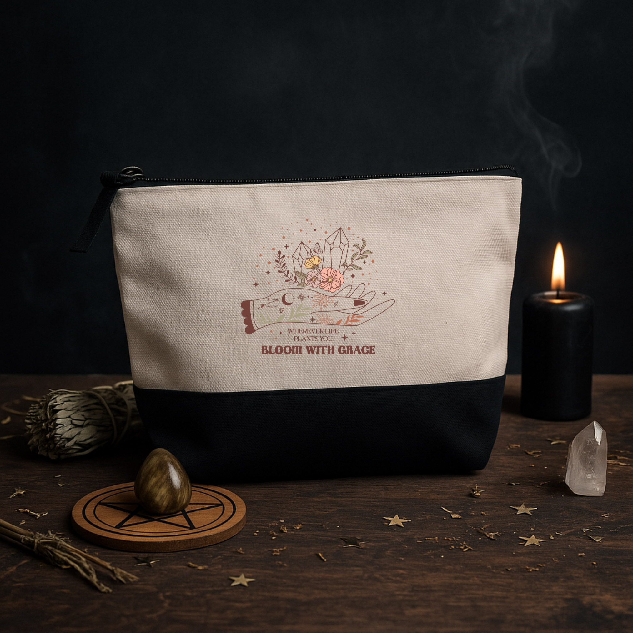 Bloom with Grace – Mystische Kosmetiktasche mit Kristallen