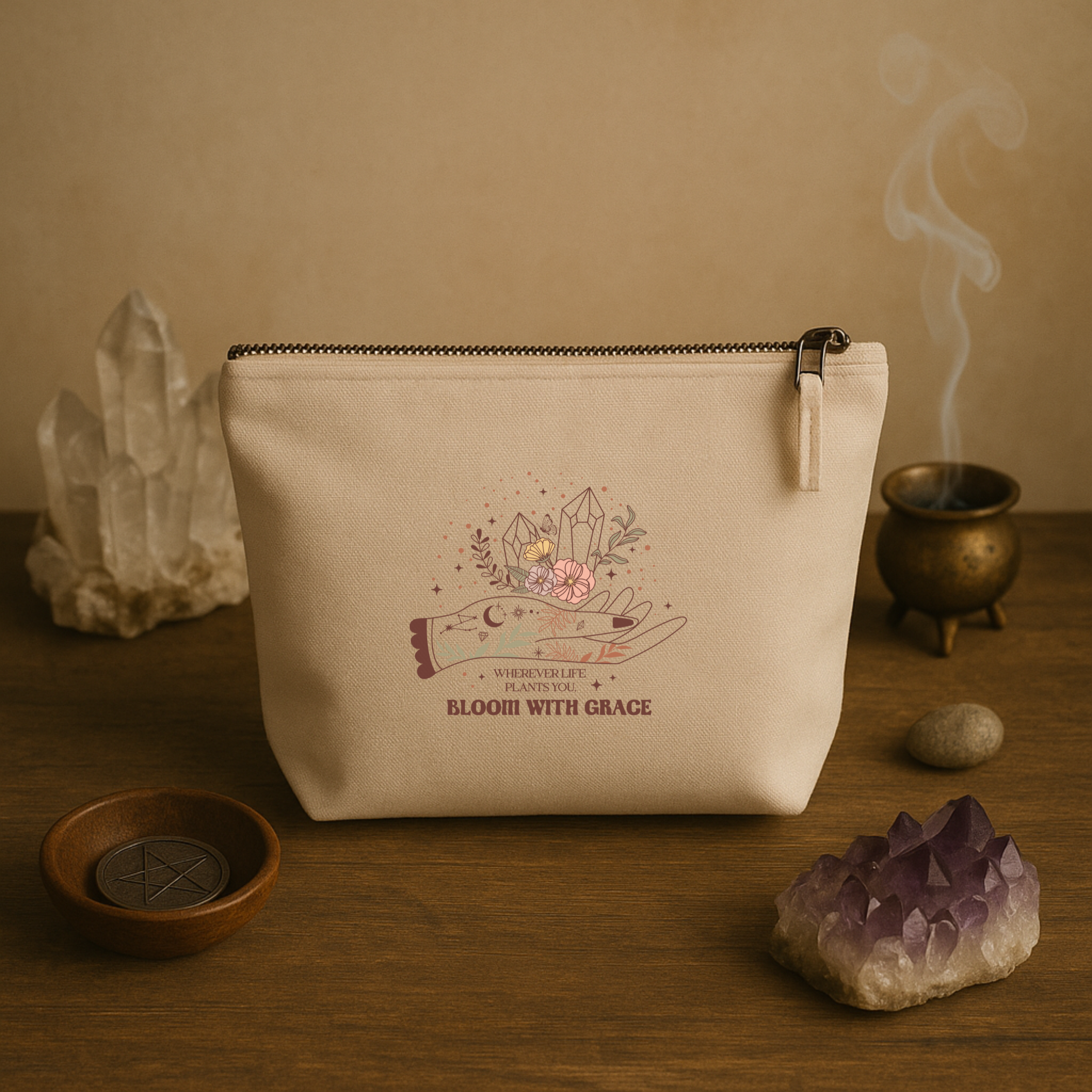 Bloom with Grace – Mystische Kosmetiktasche mit Kristallen