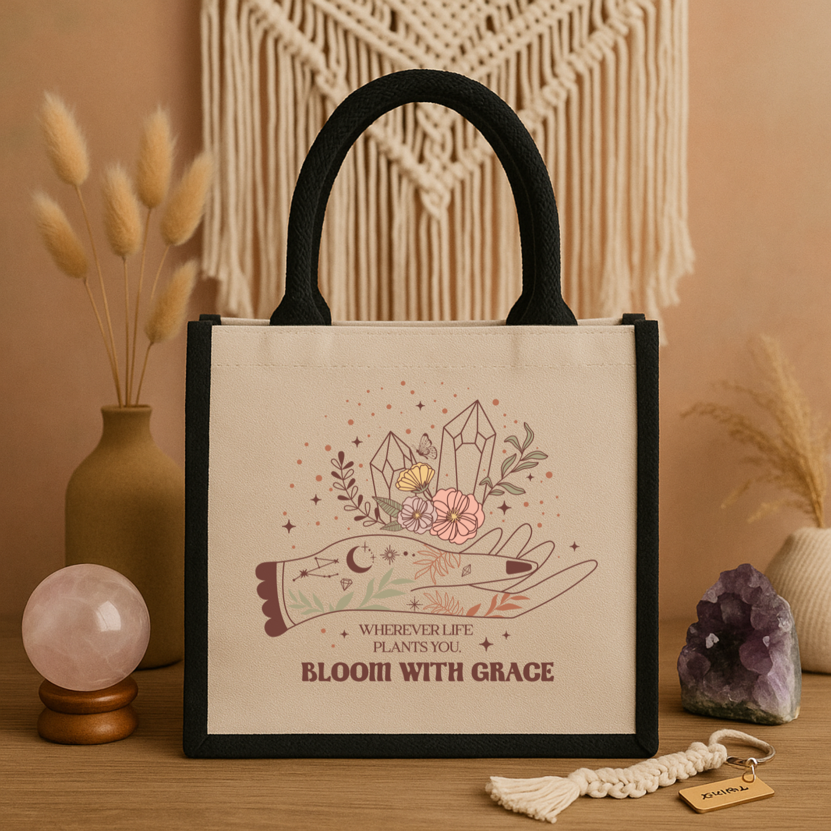 Bloom With Grace – Spirituelle Jutetasche mit Hand- & Kristallmotiv