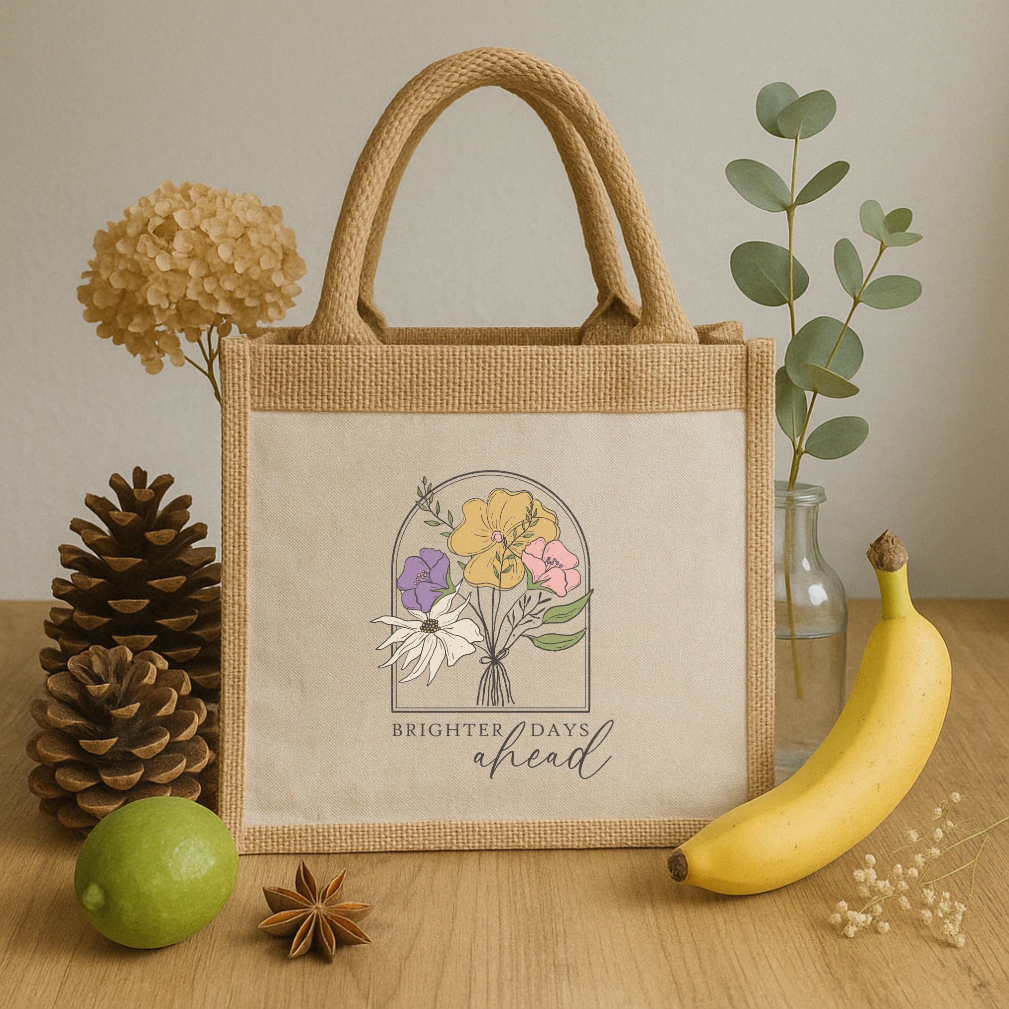 Brighter Days Ahead – Stylische Jutetasche mit Spruch & floraler Illustration