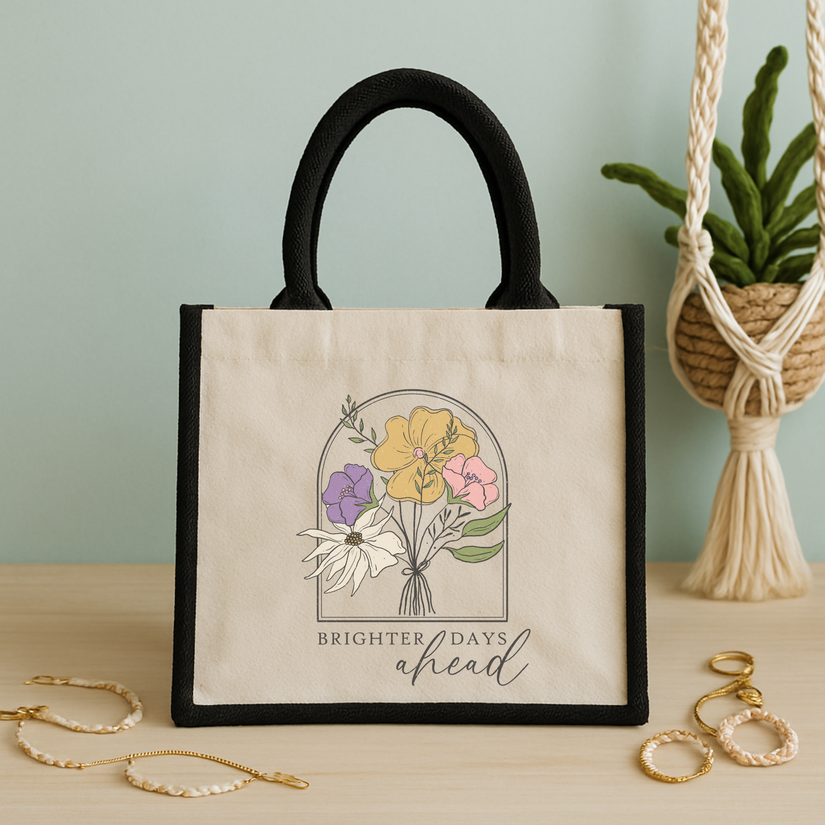 Brighter Days Ahead – Stylische Jutetasche mit Spruch & floraler Illustration