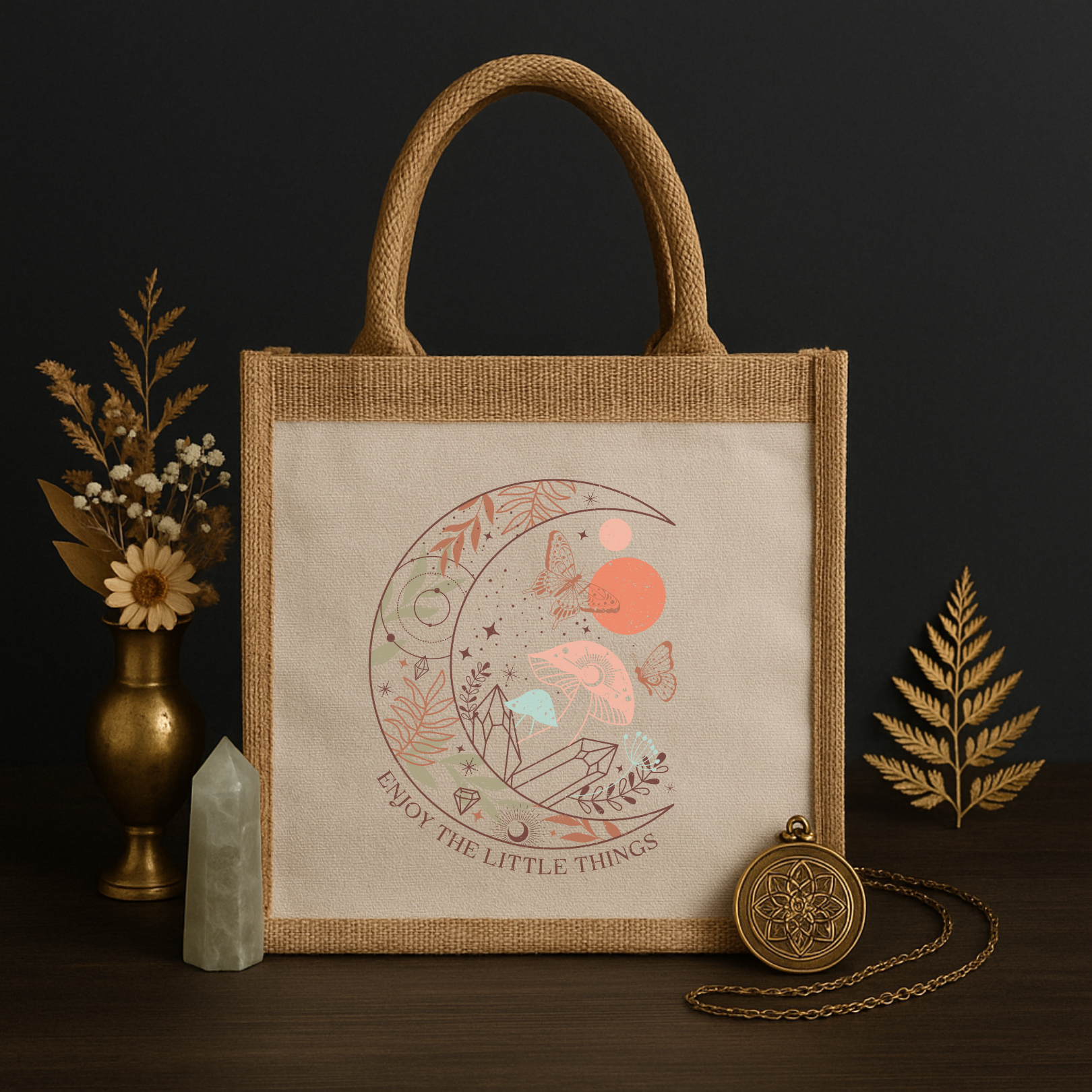 Enjoy the Little Things – Jutetasche mit spirituellem Mond & Schmetterlings-Design
