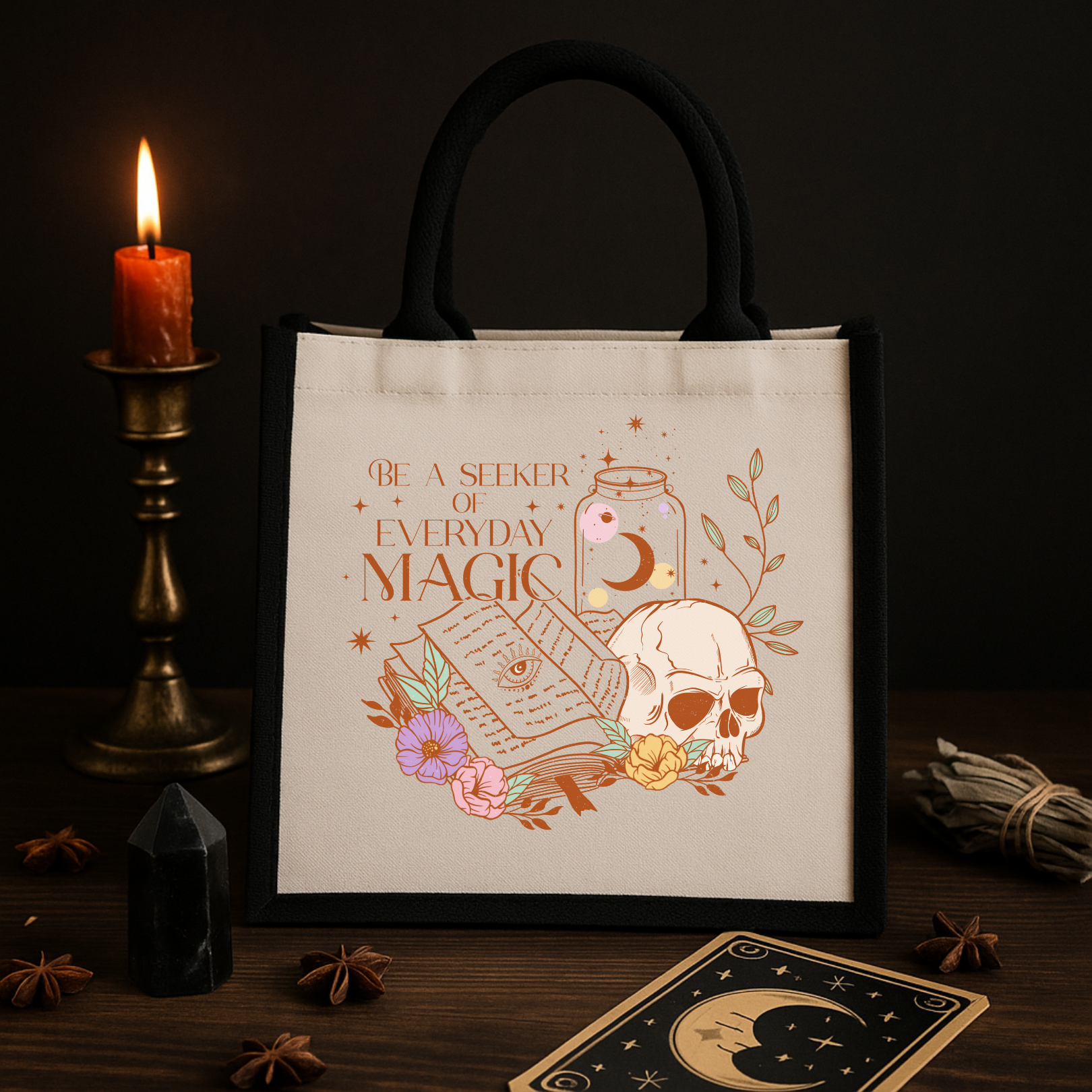Everyday Magic – Mystische Jutetasche mit Totenkopf, Zauberbuch & Spruch