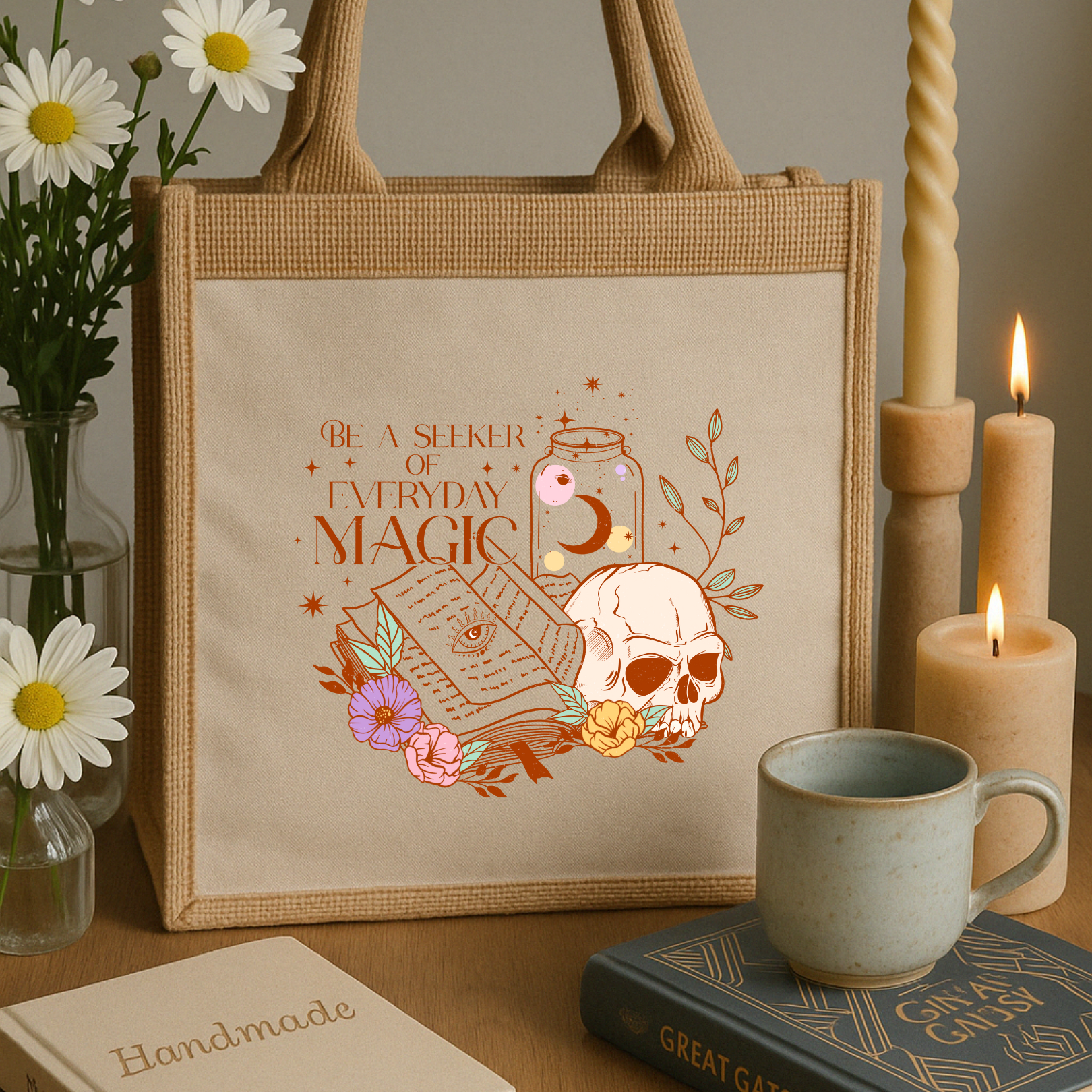 Everyday Magic – Mystische Jutetasche mit Totenkopf, Zauberbuch & Spruch
