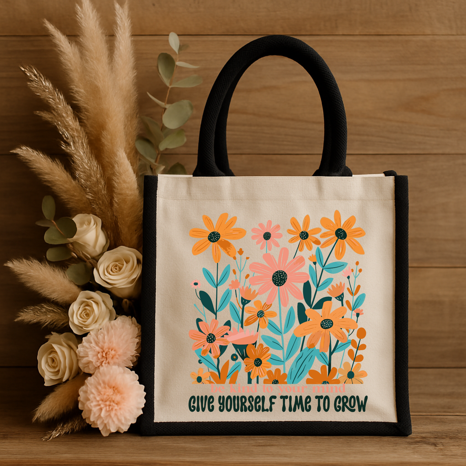 Give Yourself Time To Grow – Florale Jutetasche
