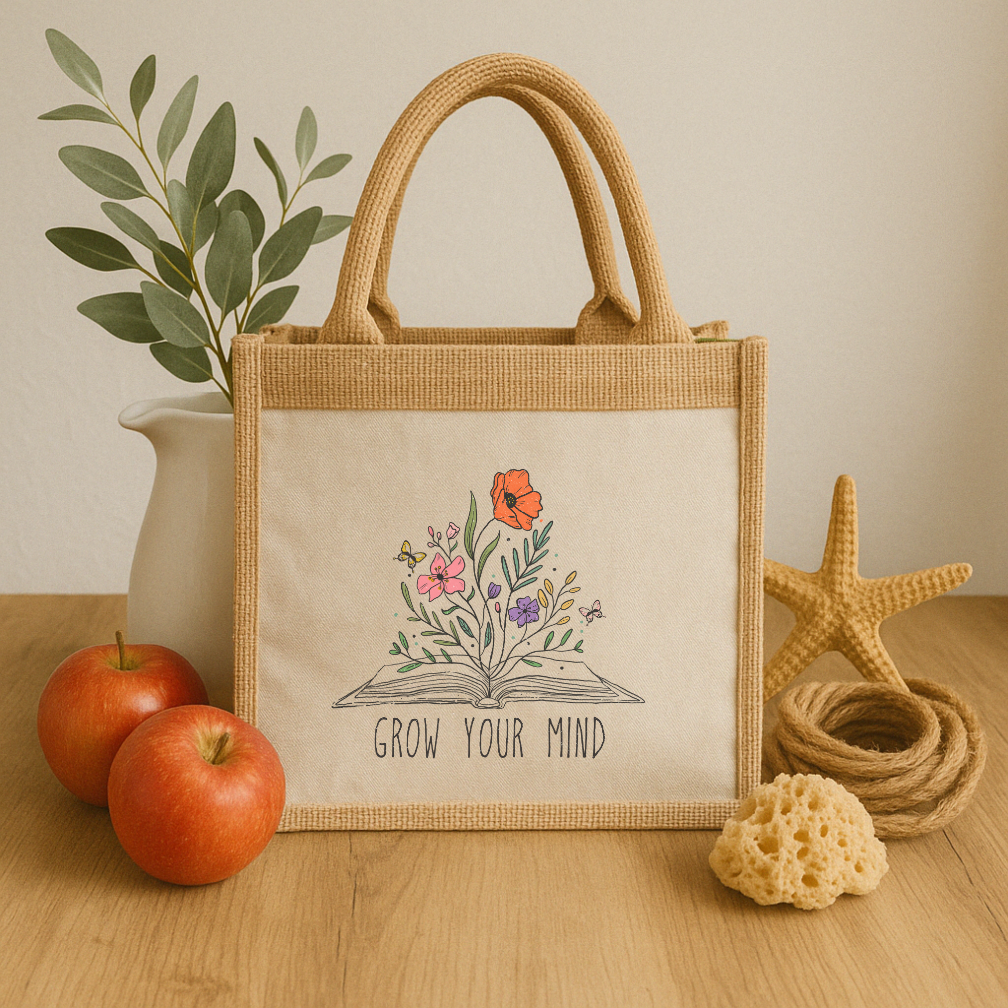 Grow Your Mind – Stylische Jutetasche mit Spruch & floraler Buch-Illustration