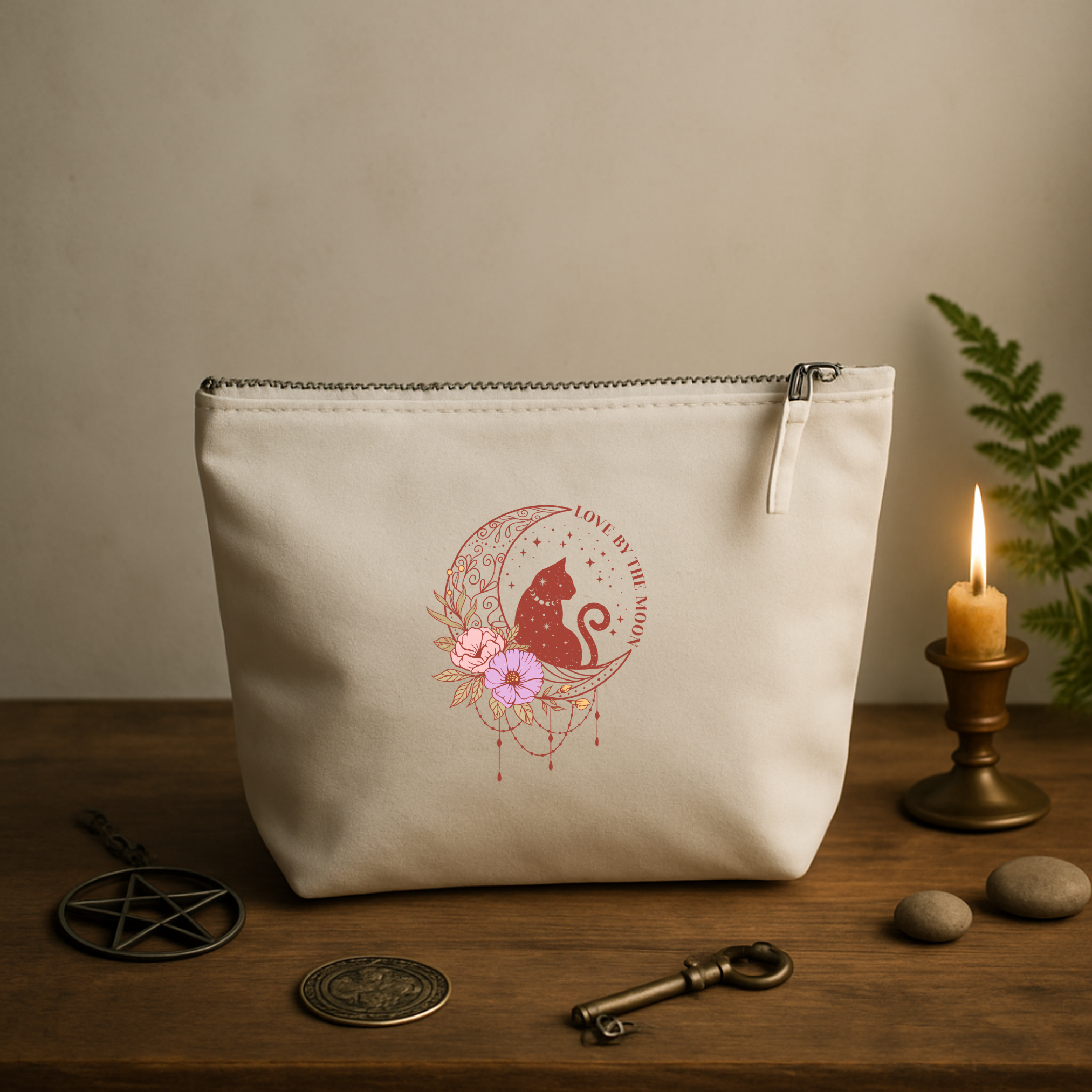 Love by the Moon – Mystische Kosmetiktasche mit Katze, Mond & Blumen