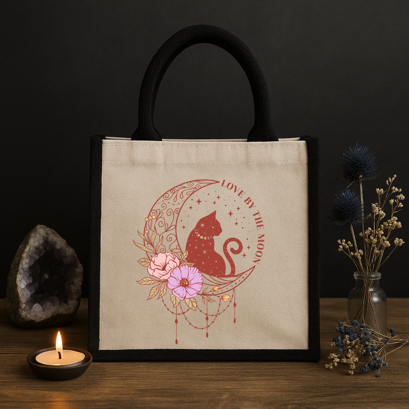 Love by the Moon – Mystische Jutetasche mit Katze, Mond & Blumen
