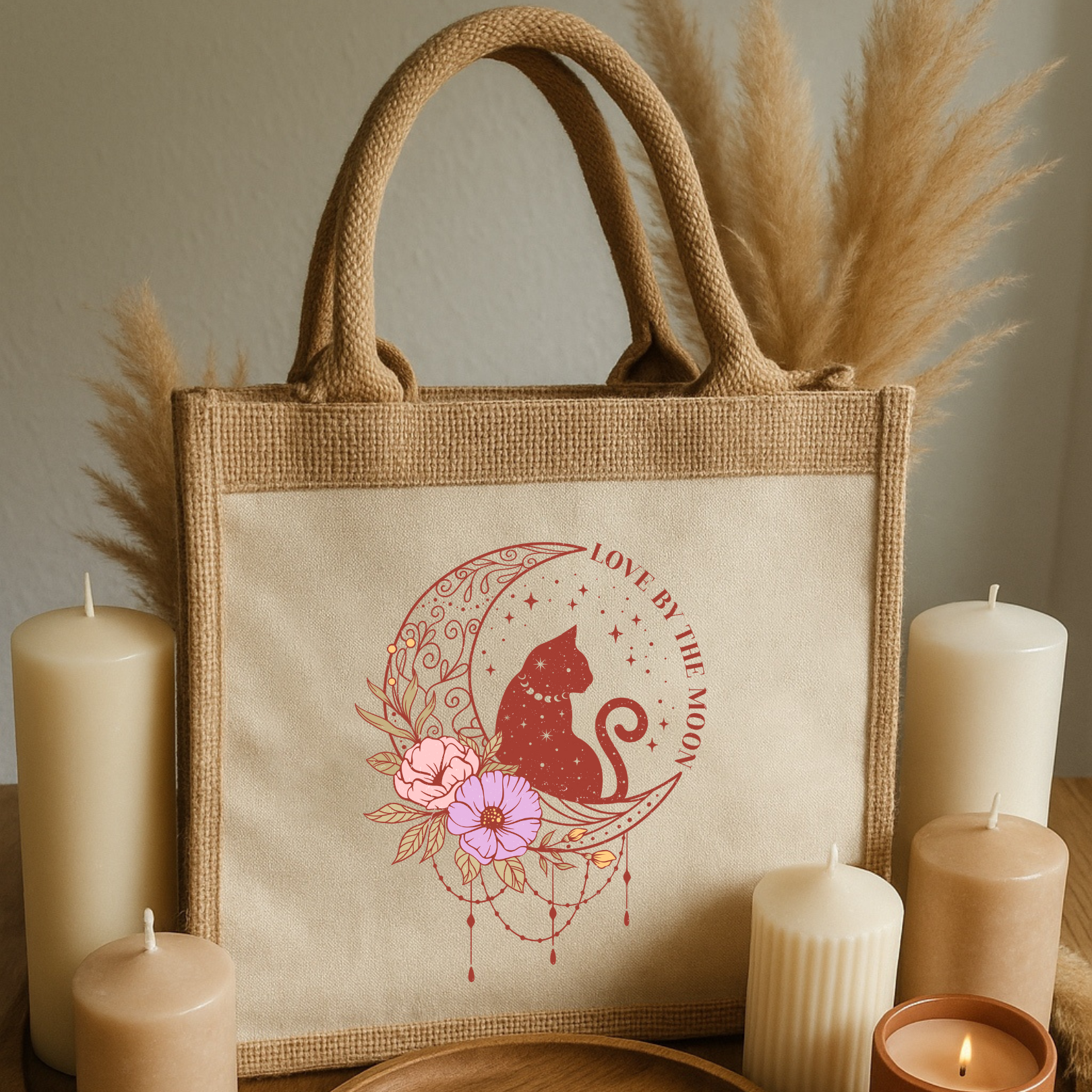 Love by the Moon – Mystische Jutetasche mit Katze, Mond & Blumen