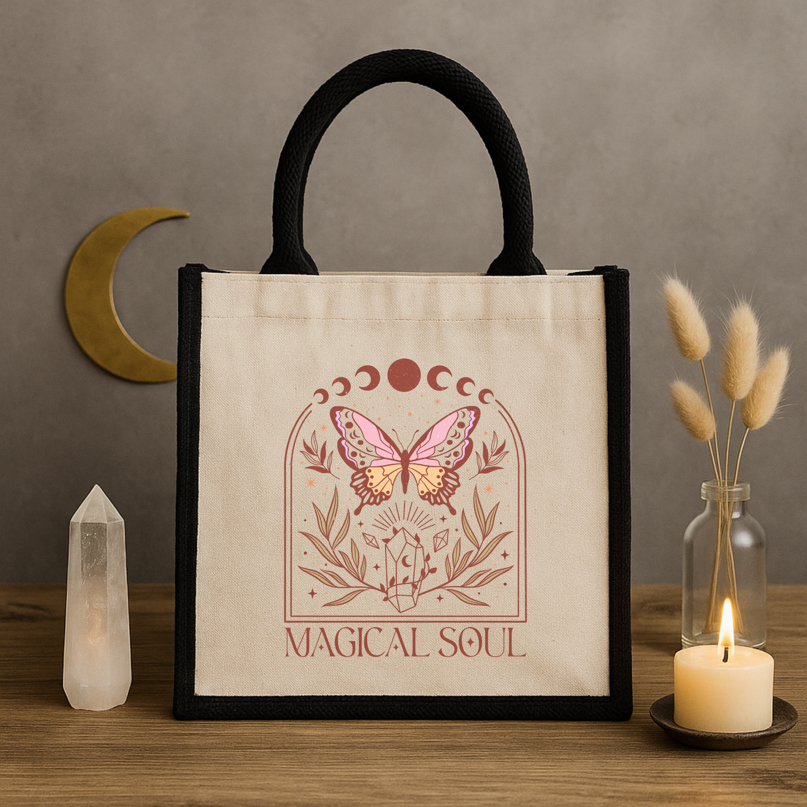 Magical Soul – Mystische Jutetasche mit Mondphasen & Schmetterlings-Motiv