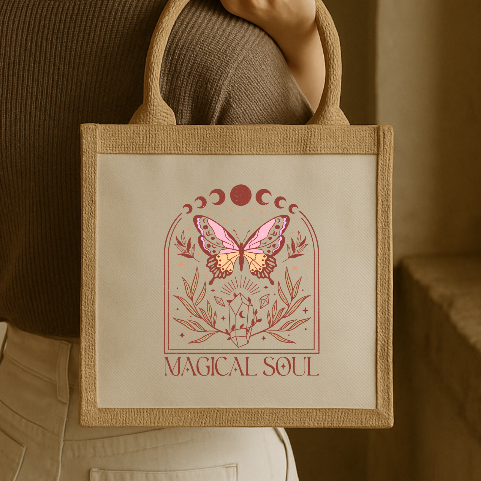 Magical Soul – Mystische Jutetasche mit Mondphasen & Schmetterlings-Motiv