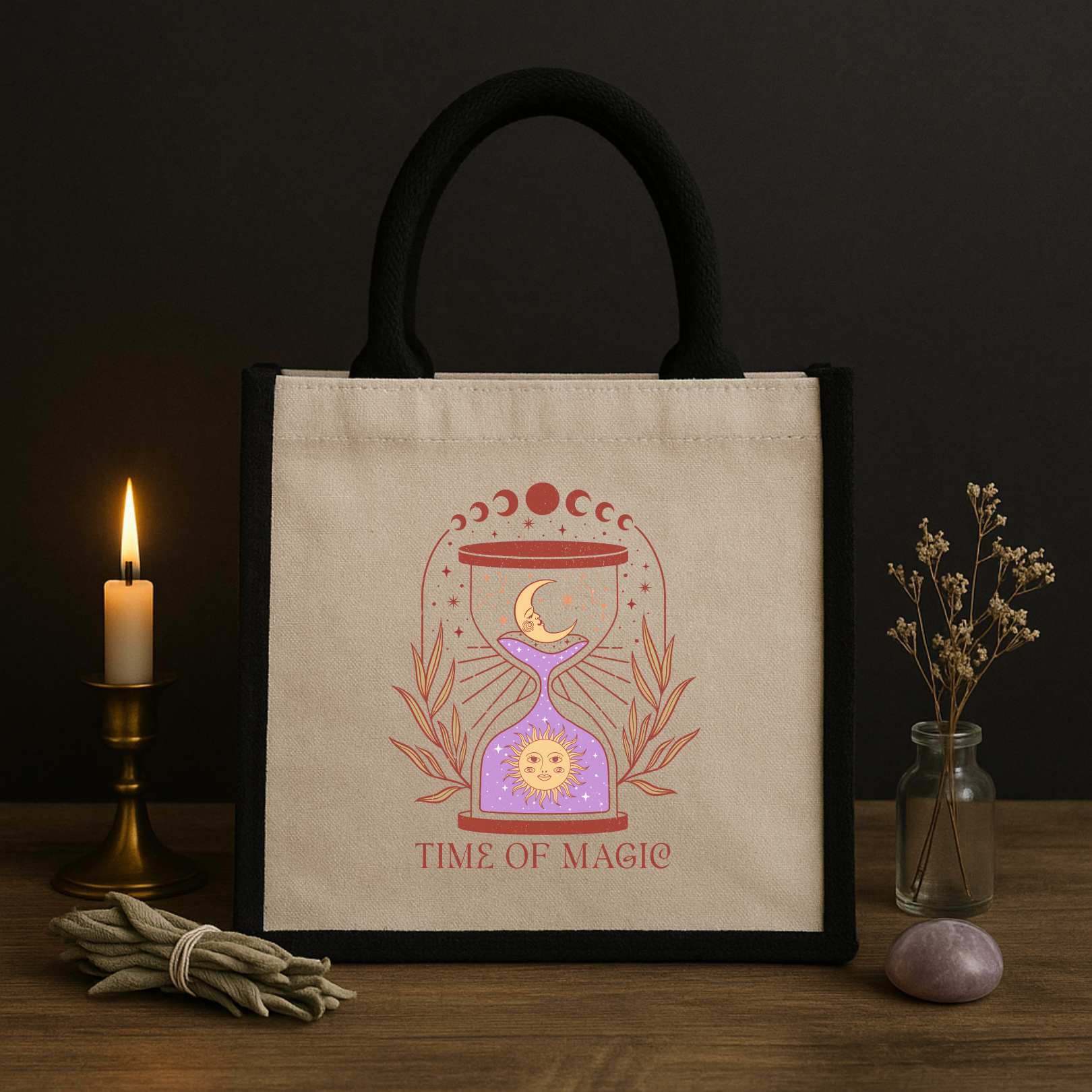 Time of Magic – Spirituelle Jutetasche mit Sanduhr, Sonne & Mond