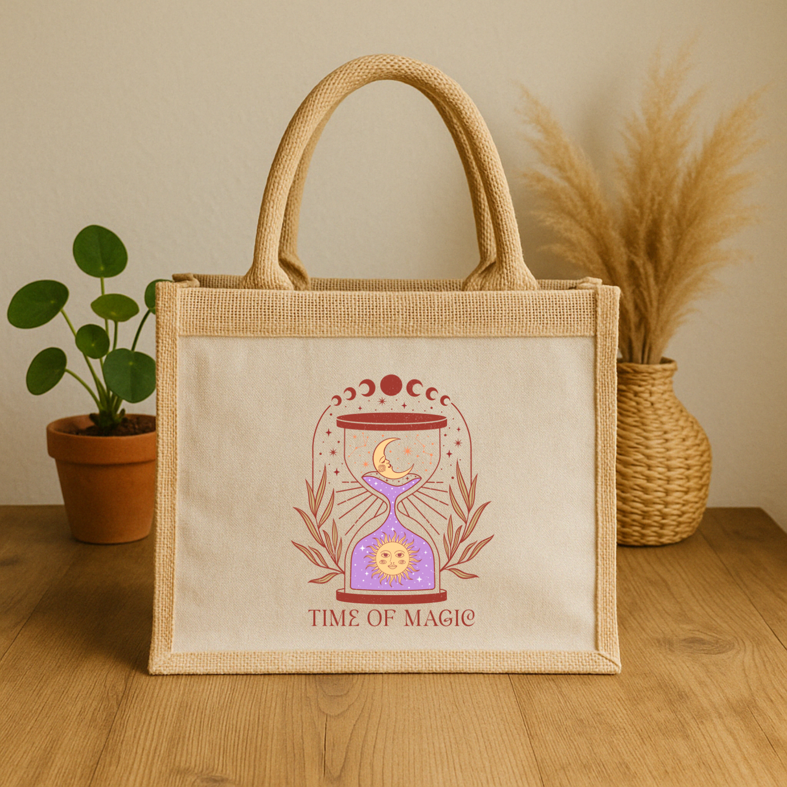 Time of Magic – Spirituelle Jutetasche mit Sanduhr, Sonne & Mond