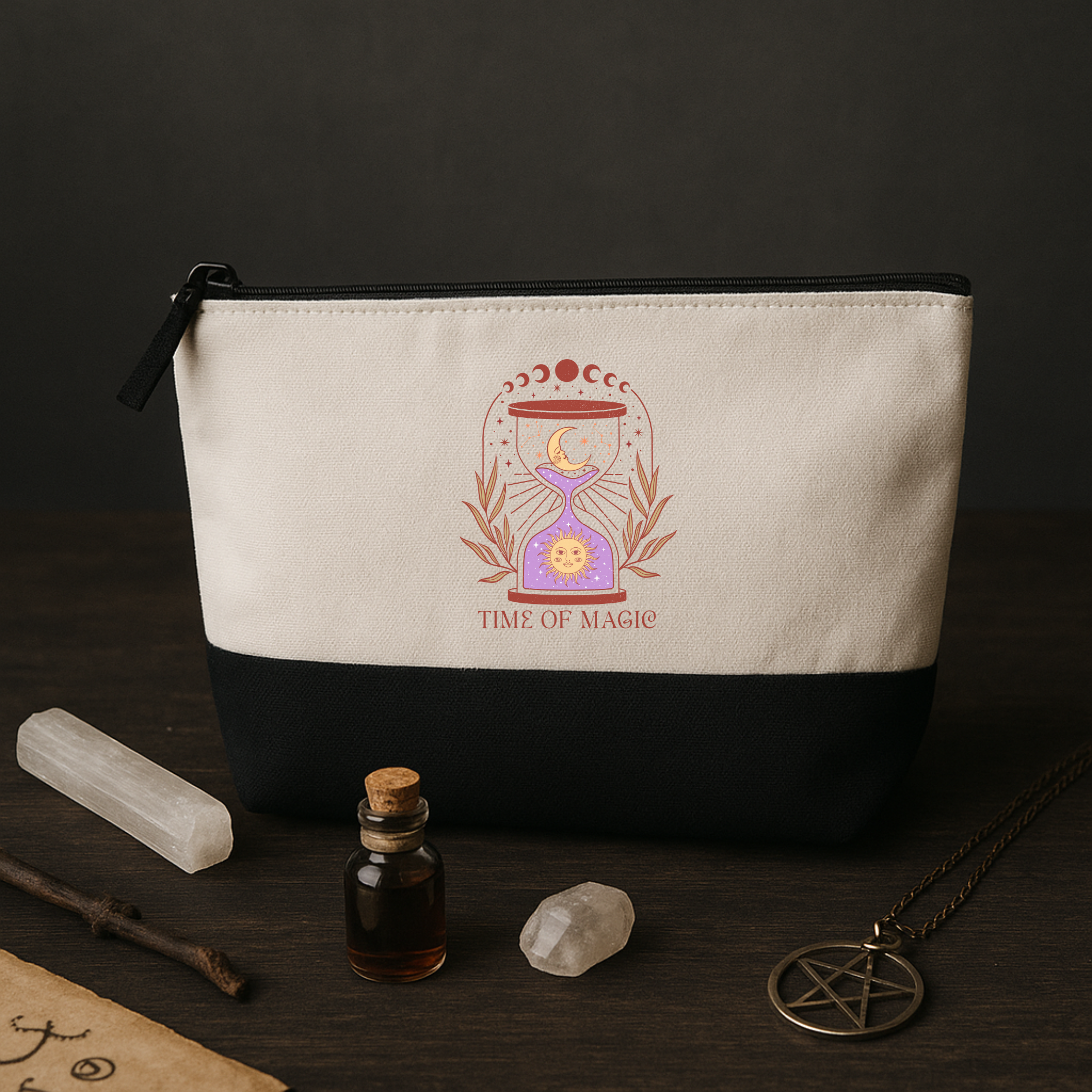 Time of Magic – Spirituelle Kosmetiktasche mit Sanduhr, Sonne & Mond