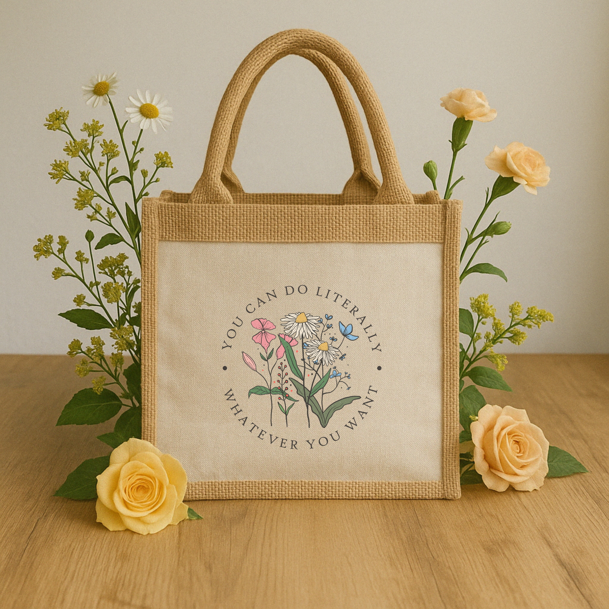 Whatever You Want – Stylische Jutetasche mit motivierendem Spruch & floraler Illustration