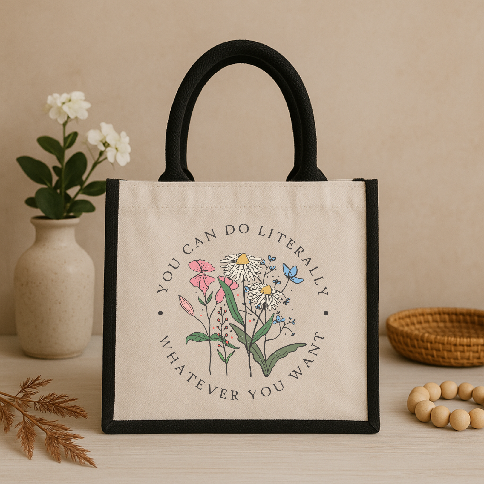 Whatever You Want – Stylische Jutetasche mit motivierendem Spruch & floraler Illustration