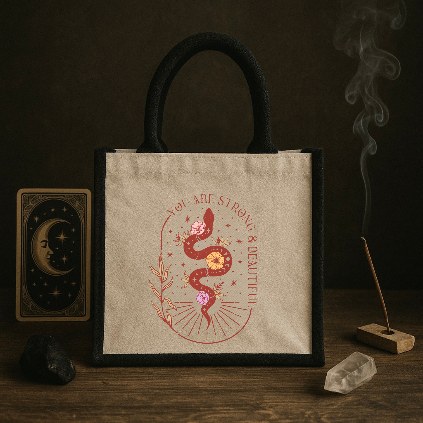 You Are Strong & Beautiful – Stylische Jutetasche mit Schlangen- und Blumen-Design