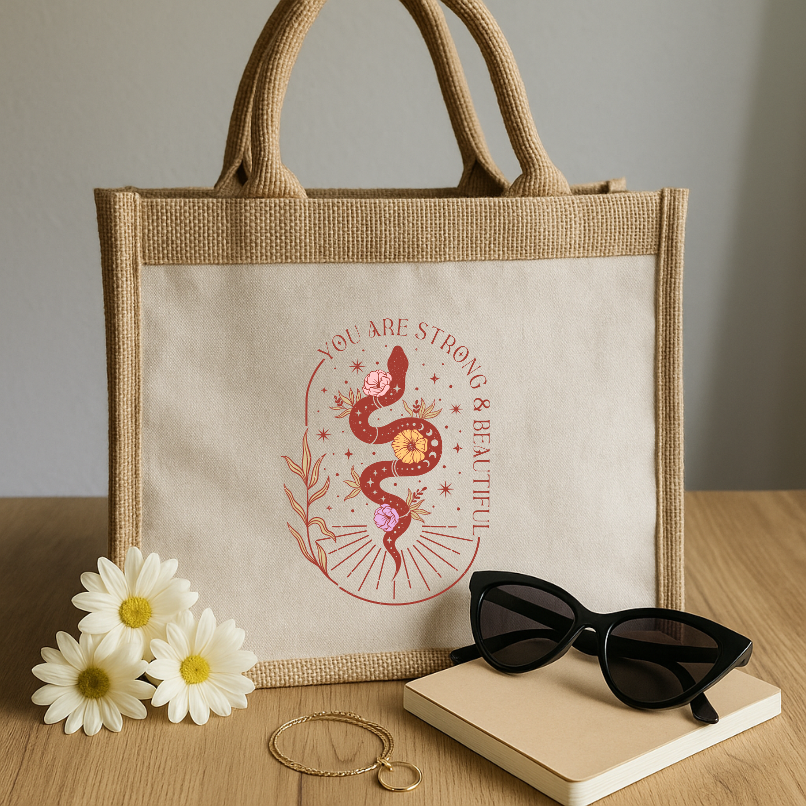 You Are Strong & Beautiful – Stylische Jutetasche mit Schlangen- und Blumen-Design